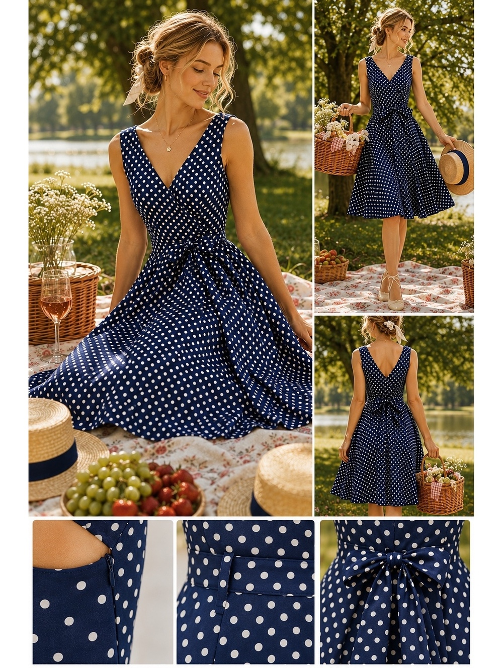 Miss Lulo NWT S Navy Polka Dot Midi Dress Trad Wife Cottagecore Fit Flare